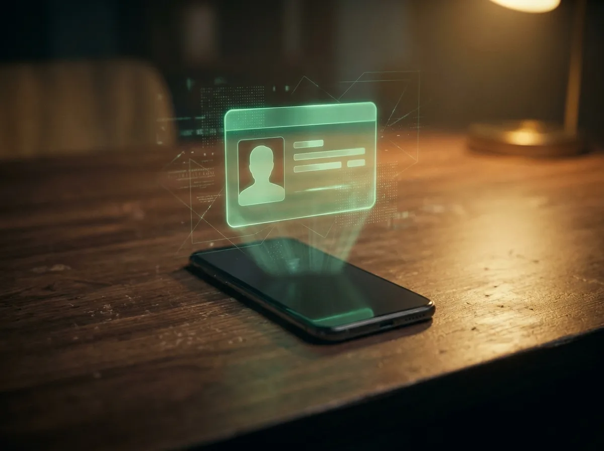 Abstrakcyjna, świecąca zielona sylwetka karty identyfikacyjnej nad biurkiem ze smartfonem — symbol weryfikacji tożsamości